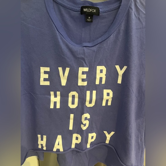 WILDFOX Every Hour is Happy Graphic Shirt Crop Happiness Statement Top Indigo M - Picture 3 of 11